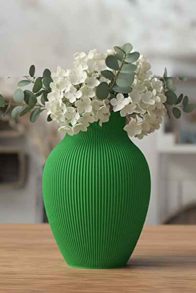 MEK مزهرية بلاستيكية مزخرفة بتصميم بيضاوي مع خطوط عمودية باللون الأخضر (20×15 سم)