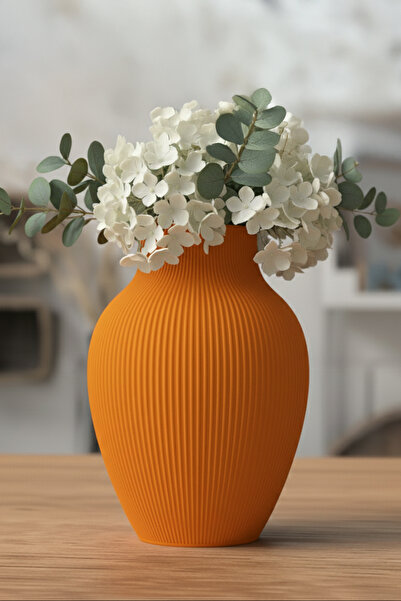 MEK Decorative Plastic Vase with Vertical Stripes Oval Design Orange (20X15Cm)