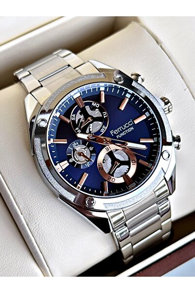 Ferrucci Functional Silver-Navy Color Steel Cord Men's Wristwatch