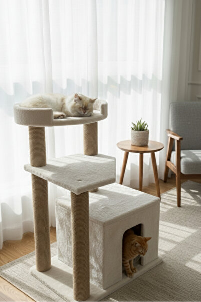 Sevinse Home Sparta Krem Kedi Evi, Yuvalı Tırmalama Evi