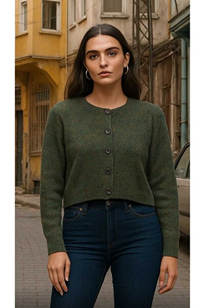 Alola Women's Soft Textured Khaki Crew Neck Basic Knitwear Buttoned Cardigan