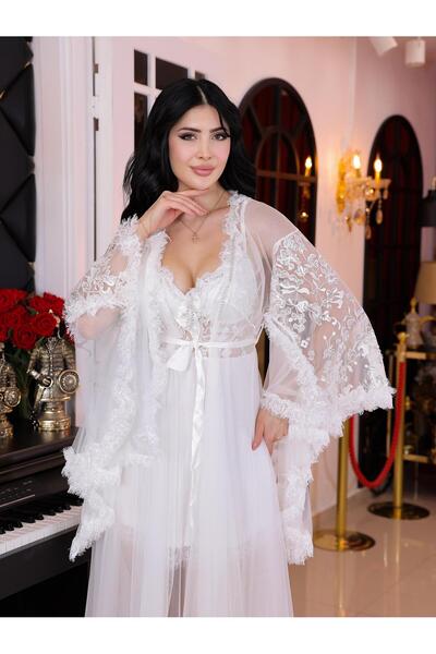 Limas lingerie ÖZEL TASARIM ELMAS , DANTEL DETAYLI 2 PARÇALI UZUN SABAHLIK