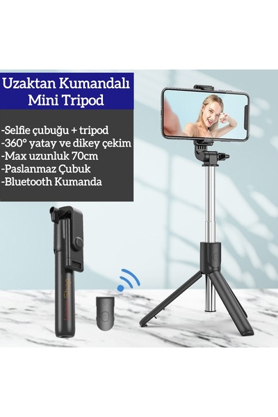 Lazım Shop Kumandalı Ayaklı siyah tripod Bluetooth Selfie Çubuğu