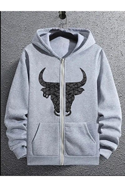 Oceanwear Boğa Printed Hooded Zippered Unisex Sweatshirt Cardigan Fleece-Lined