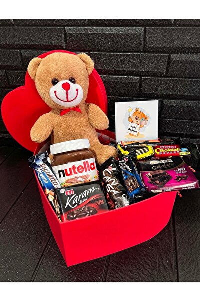 ozbience Kalp Kutuda Kahverengi Ayıcık ve Nutella ile Çikolata Hediye Seti