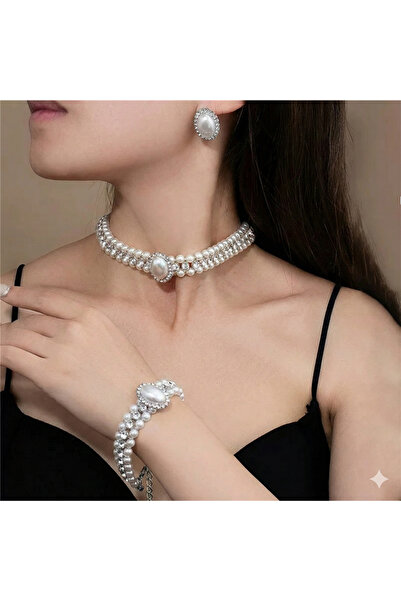 Pelin Aksesuar Silver Kristal Taşlı ve İncili Oval Tasarım Üçlü Takı Seti