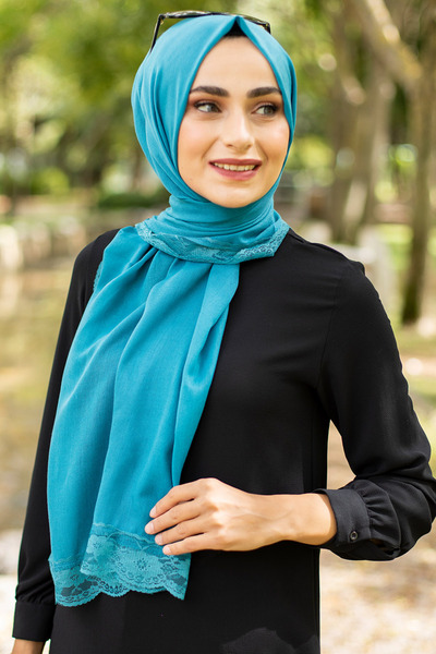 Feiza Collection Dantelli Pamuklu Soft Şal Petrol Mavisi