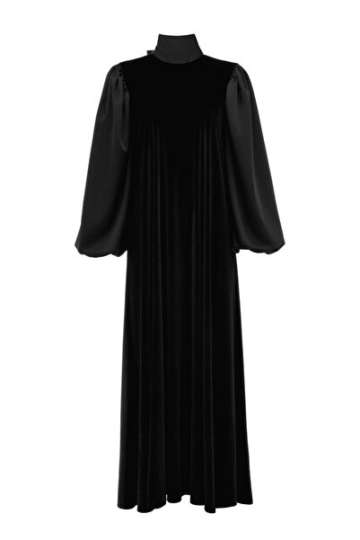 Zems Kadife Yakası Bağlamalı Uzun Elbise