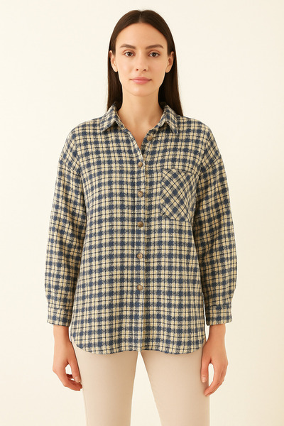 Nuevo Karirano Sa deznom Oversize kroj Teksturirano Košulja – tamnoplava krem...