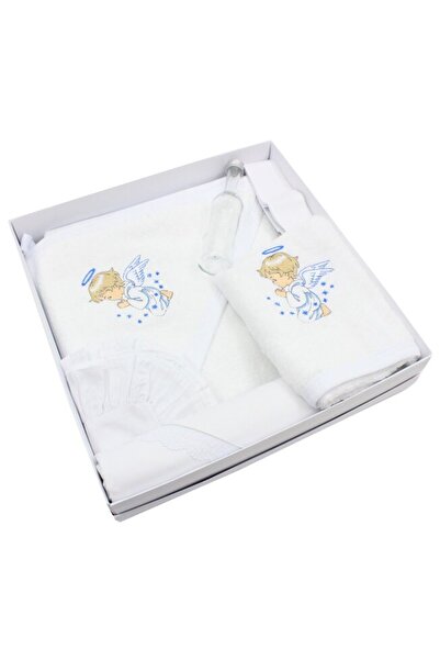 PRICHINDEL Set botez, 6 piese, înger albastru, bumbac, alb