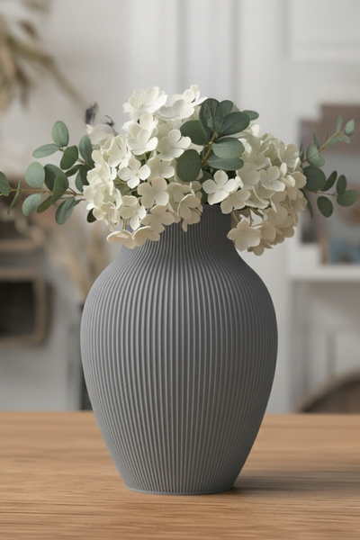 MEK Decorative Plastic Vase with Vertical Stripes Oval Design Gray (20X15Cm)