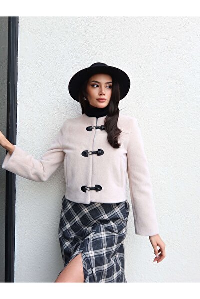 ESRAHELVACI Leather Buckle Detail Wool Textured Short Coat