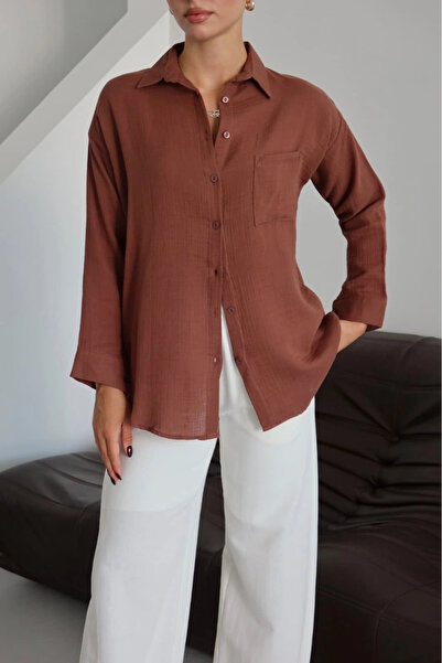 Işıltı kidss Single-pocket muslin shirt, coffee brown.