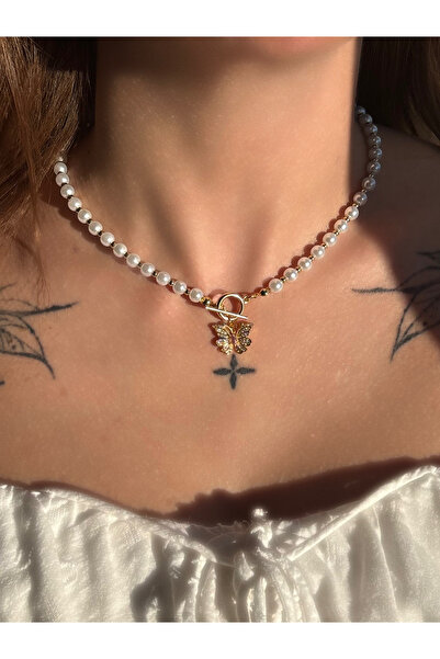 lesuvera Gold Kelebekli İnci Kolye