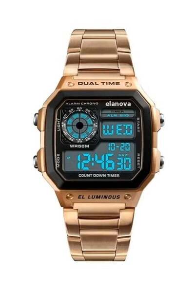 Elanova ساعة يد رقمية للرجال، مقاومة للماء بسوار من الفولاذ المقاوم للصدأ - موديل EL906