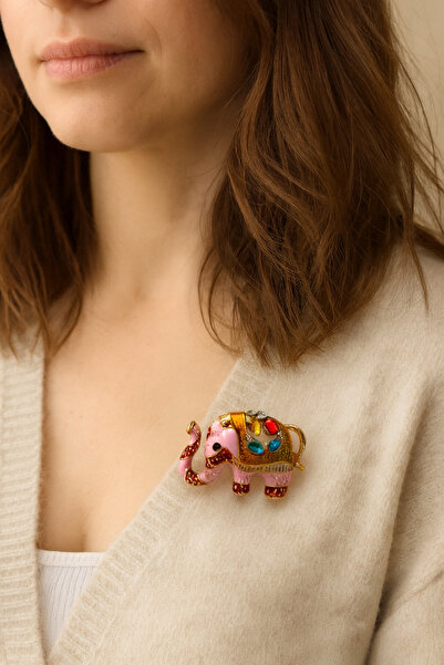 Sacce Scarves&Accessories Renkli Taşlı Pembe Fil Mine Broş