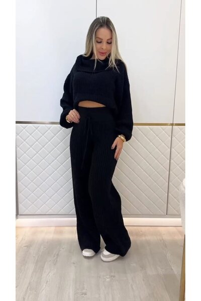 Wear Up Women's Long Sleeve Turtleneck Short Knitwear Blouse and Pants Two-Piece Set