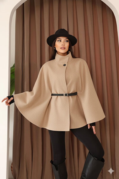Stil Sepeti Women's Beige Mock Neck Wide Sleeve Poncho with Belt at Waist Drl...