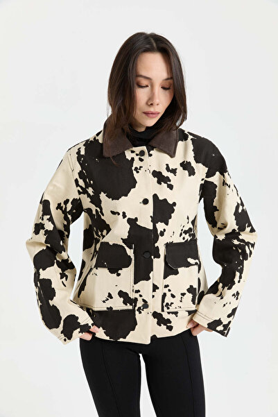 PELONY Krem Siyah Desenli Kadife Yaka Detaylı Ceket