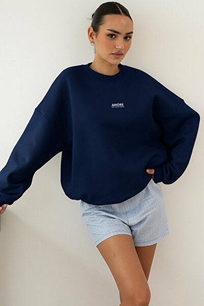 GIA - ART Women's Oversize Sweatshirt Amore Printed Navy Blue – Crew Neck, 3 ...