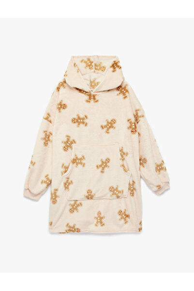 Koton Cookie Man Printed Long Sleeve Oversized Hooded Robe