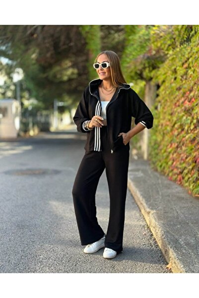 Wear Up Women's Long Sleeve Hooded Onu Striped Detail Zippered Viscose Two Th...