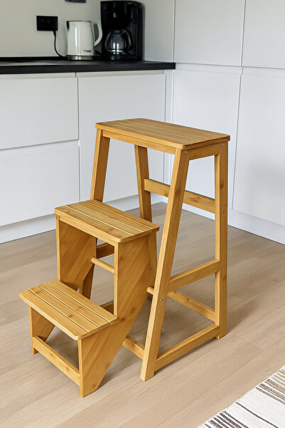 Porsima Ahşap Bambu 3 Basamak Merdiven - Portatif Demonte ve Ergonomik Ev Tipi Dekoratif Tabure Merdiven