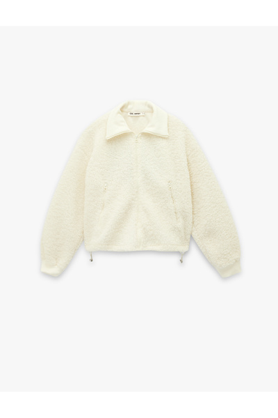 Koton Comfortable Fit Long Sleeve Zippered Crop Plush Jacket with Embroidery Detail on the Back and Pockets