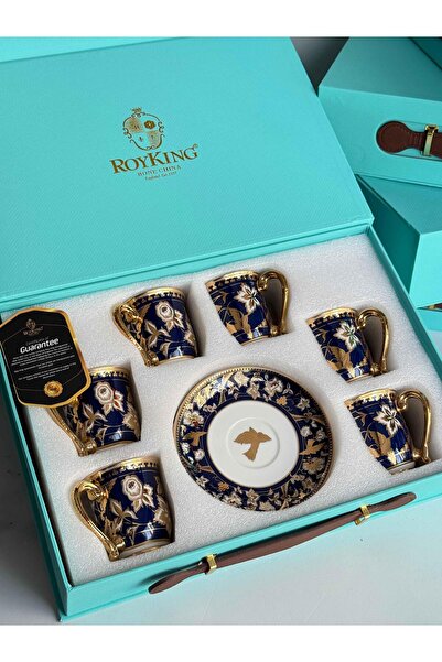 ROSSEV Türk Kahve Fincanı 24K Helana Lacivert 6 Kişilik 12 Parça