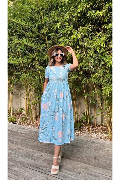 Wear Up Women's Short Sleeve Flower Print Midi Length Single Jersey Dress