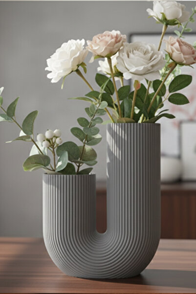 MEK Striped U Curved Decorative Vase Gray (23X17Cm)