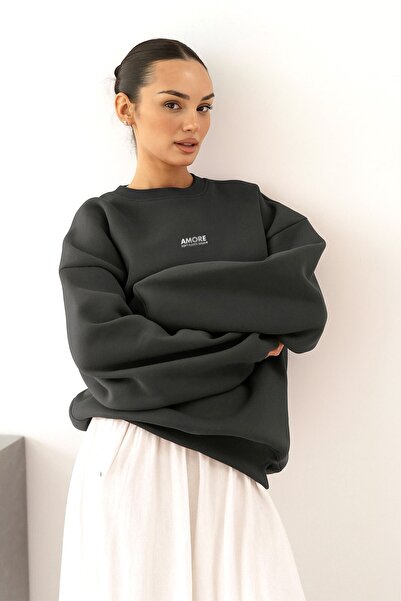 The Champ Clothing Women's Oversized Sweatshirt Amore Smoked – Crew Neck, 3 Thread Sherpa Fleece