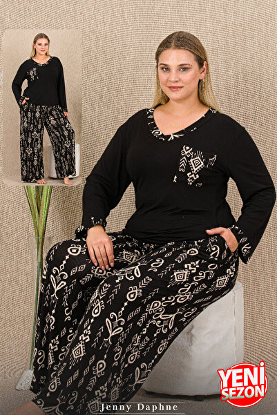 Jenny Daphne Patterned Black Soft Pajama Set Long Sleeve Plus Size Viscose Fabric Pajama Set 11430