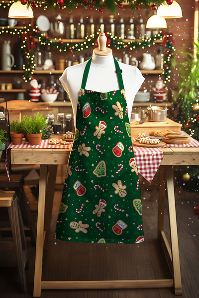 Moud's مريلة مطبخ منقوشة بنمط كوكيز عيد الميلاد الأخضر، مريلة طهي، مريلة نادل، مريلة مطعم