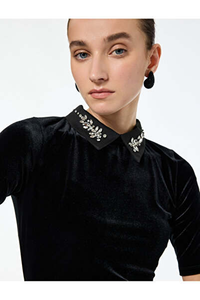 Koton Short Sleeve Classic Collar Velvet T-Shirt with Stone Embroidery Detail
