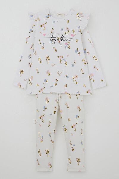 Breeze Girl's Leggings Set Colorful Floral Patterned Shoulder Ruffle 2-6 Years Old, White