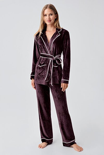 Artış Long Sleeve Kimono Velvet Stretchy Viscose Pajama Set