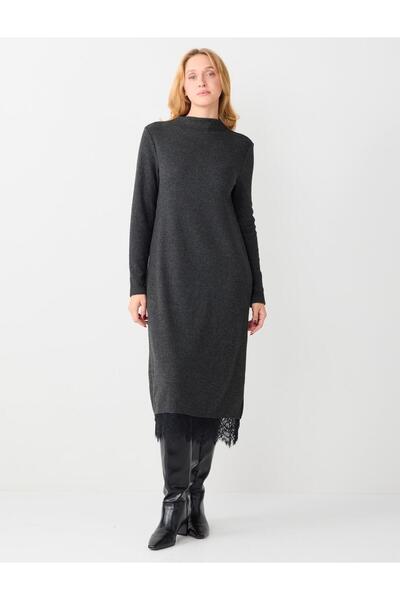 Jimmy Key فستان ميدي من الدانتيل ذو ملمس ناعم وياقة باردو بلون أنثراسايت ميلانج