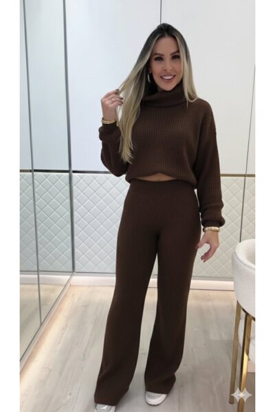 Wear Up Women's Long Sleeve Turtleneck Short Knitwear Blouse and Pants Two-Piece Set