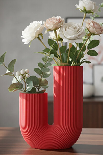 MEK Striped U Curved Decorative Vase Red (23X17Cm)