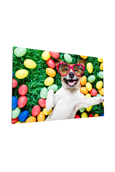 PozaTablou Pictură pe pânză: Câine fericit cu ochelari roz și ouă colorate 12...