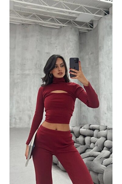 Wear Up Women's Long Sleeve Window Detail Low-Cut Blouse and Wide Leg Pants Two-Piece Set