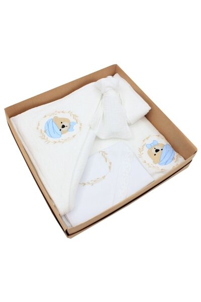 PRICHINDEL Set botez din muselină, 7 piese, Tedi cu căciulă albastră, brodat,...