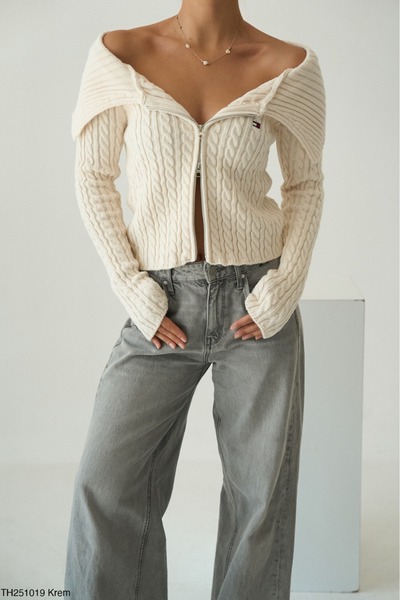 Lupies Women's Double Zipper Embroidered Hair Knitwear Cardigan