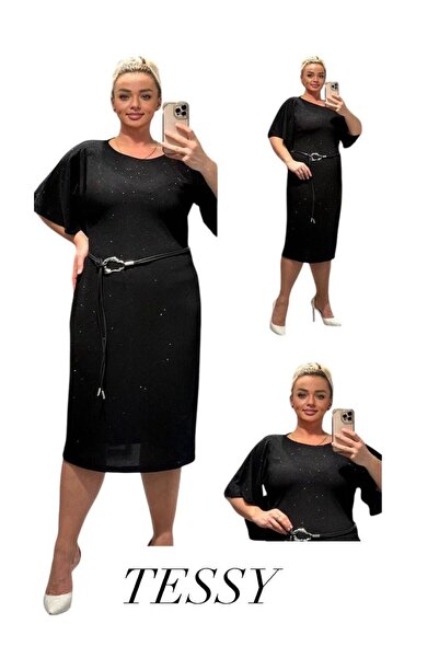 TESSY Kadın Büyük Beden Simli Kemerli Abiye