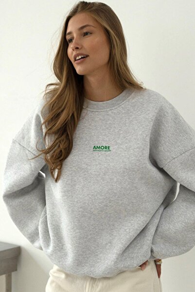 The Champ Clothing Women's Oversized Sweatshirt Amore Gray – Crew Neck, 3 Thread Sherpa Fleece