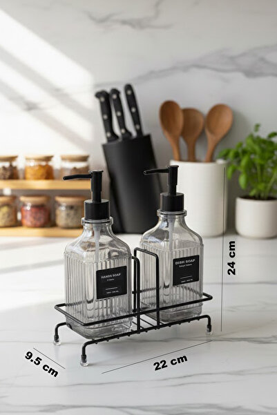 MAKRİ HOME Modern Çizgili Desenli Cam Ikili Sıvı Sabunluk & Deterjanlık Seti, Siyah- 500 Ml Cam Sabunluk