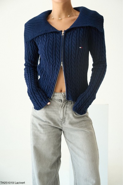 Lupies Women's Double Zipper Embroidered Hair Knitwear Cardigan