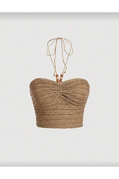 Tual Kadın Haki Dokulu Boyundan Bağlamalı Crop Büstiyer