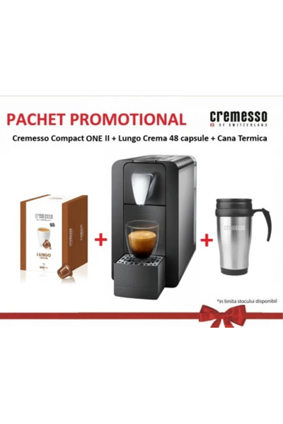 Cremesso Pachet promoțional Cremesso, Compact ONE II + Lungo Crema 48 capsule + cană termică